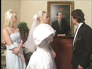 Blonde Bride fucks three everlasting cocks in bed